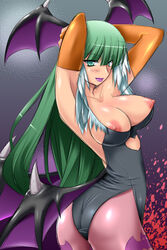 ass blush bodysuit breasts capcom clothing darkstalkers demon_girl head_wings headwings large_breasts looking_back morrigan_aensland nipples pantyhose shiny solo succubus undersized_clothes utamaro wings