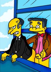 2boys anal anal_sex balls bowtie erection gay glasses_removed gray_hair implied_penetration leaning_forward male male_only montgomery_burns multiple_males pants_down penis tagme the_simpsons thumbs_up waylon_smithers yaoi yellow_skin