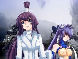 3d blue_eyes cloud coat covered_nipples fur_trim genya_(genya67) highres long_hair mecha muv-luv nipples parted_lips pilot_suit ponytail purple_hair skin_tight sky smile tied_hair very_long_hair