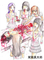 6girls black_hair blood brown_hair cannibalism chopsticks clothing gore guro kago_shintarou long_hair multiple_girls ponytail purple_hair skirt tied_hair twintails