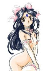 1girls black_hair bow breasts brown_eyes elbow_gloves female garter goddess hairbow joy_division long_hair nude oh_my_goddess! pale-skinned_female pale_skin pointy_chin skuld small_breasts smile solo very_long_hair wide_hips