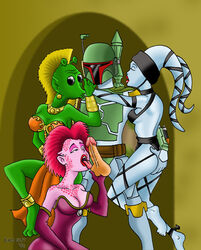 2006 bad_guy blue_skin boba_fett greeata_jendowanian green_skin interspecies jabba's_palace lyn_me mandalorian pink_skin prostitution return_of_the_jedi rodian rystall_sant star_wars tatooine twi'lek