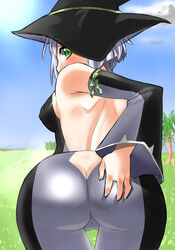 1girls apple_butt ass ass_grab back bare_back bare_shoulders bent_over blush breasts brie butt_crack cadie cameltoe catsuit detached_sleeves female from_behind grass green_eyes hair hat huge_ass humanoid looking_back nagase_haruhito outdoors pangya shiny shiny_clothes short_hair sideboob skin_tight solo thigh_gap thighs white_hair witch_hat