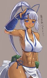 armpits blue_eyes breasts dark_skin erect_nipples gloves large_breasts long_hair majikina_mina midriff muscle nagase_haruhito ponytail samurai_shodown snk text tied_hair translated white_hair