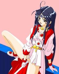 1990s 1994 1girls 20th_century black_hair brown_eyes clothed_masturbation clothing dress female female_only flat_chest kitatani_uni long_hair masturbation oh_my_goddess! pussy shaved sitting skuld solo very_long_hair wand