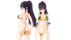 1girls 3d adjusting_clothes adjusting_swimsuit arms_behind_back ass big_ass big_breasts bikini black_hair blush breasts busty butt_crack child_bearing_hips cleavage covered_nipples fat_ass gold_bikini golden_bikini hair_ribbon hi_res large_breasts legs long_hair looking_at_viewer navel navel_piercing open_mouth open_shirt original original_character ponytail pose posing pubic_hair pubic_hair_peek purple_eyes school_uniform schoolgirl sensual sexy sideboob smile solo sweat swimsuit thighs thong_bikini toned