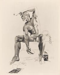 1boy apple average_sized_penis balls blanket blonde_hair bowl flaccid flaccid_penis gay harry_bush insect male male_only monochrome muscular muscular_male nipples original penis picnic_basket picnic_blanket pubic_hair solo spider spoon tan_skin toned toned_body traditional_media yaoi