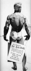 1boy ass english_text gay handcuffs harry_bush male male_only monochrome original protest solo tan_skin tanline text traditional_media yaoi