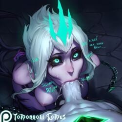 ai_generated arms_behind_back black_sclera blowjob_face chains claws crown drool evelynn fellatio female female_focus forced green_eyes hypnosis kneeling large_breasts large_penis league_of_legends mind_control naked purple_skin rape ruined_(league_of_legends) short_hair slave sloppy swirly_eyes tagme tmmrcomes viego_(league_of_legends) white_hair