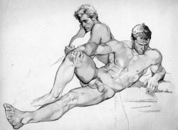 2boys balls bed bedroom blonde_hair book flaccid gay harry_bush ignoring male male_only monochrome muscular nipples original penis pose pubic_hair reading reading_book relaxing simple_background traditional_media white_background yaoi