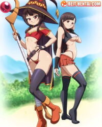 megumin multiple_girls breasts thighhighs 2girls witch_hat fingerless_gloves staff hat gloves boots holding_staff highleg_panties skirt belt patreon_username looking_at_viewer highleg red_eyes black_thighhighs patreon_logo small_breasts underboob microskirt smile underwear long_hair outdoors panties crop_top button_eyes cape navel watermark holding bandages crossover full_body black_gloves web_address artist_name standing hand_on_own_hip blurry_background black_belt bandaged_leg short_hair_with_long_locks brown_hair miniskirt blurry mother_and_daughter yuiyui_(konosuba) kono_subarashii_sekai_ni_shukufuku_wo! reit
