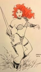 enrico_marini marini human human_artist human_art _human_made human_drawn redhead red_hair redhead_female redheaded_female solo solo_female female armor ridiculous_fit ridiculous_armour unrealistic_armor chainmail chainmail_bikini chainmail_bra chainmail_panties boots outside sword warrior 2026