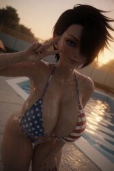 original_character female 1girls bikini american_flag_bikini looking_at_viewer pool poolside black_hair short_hair hair_over_one_eye one_eye_covered blue_eyes tagme ai_generated wet wet_body peace_sign