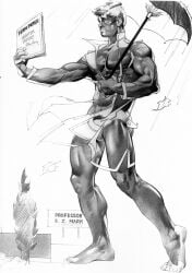 1boy ass bara blonde_hair english_text gay harry_bush male male_only monochrome muscular newspaper original raining reading reading_newspaper solo tan_skin tanline text traditional_media transparent_clothing umbrella yaoi