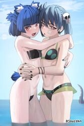 2girls animal_ear_fluff animal_ears bikini bikini_bottom bikini_only bikini_top black-haired_female black_bikini black_bikini_bottom black_bikini_top black_fingernails black_hair black_nail_polish black_nails black_swimsuit black_swimwear blue-haired_female blue_hair blue_sky blunt_bangs brown-eyed_female brown_eyes clouds day daylight daytime duo exposed female/female female_only fingernails half_naked half_nude halterneck head_tilt hugging hugging_another hugging_partner ji-yoon_(jourd4n) jourd4n lesbian multiple_females multiple_girls nail_polish nails naked naked_female naked_woman nude nude_female nudity oc one-piece_swimsuit open_mouth open_mouth_smile original original_art original_artwork original_character original_characters parted_lips partially_undressed pink-eyed_female pink_eyes semi_nude sky swimsuit swimwear tilted_head tongue