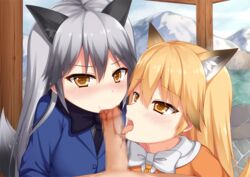 1boy 2girls animal_ears black_bow blonde_hair blush bow censored collaborative_fellatio double_fellatio erection ezo_red_fox_(kemono_friends) fellatio female fox_ears fox_tail gradient_hair hair_between_eyes hiramilemon jacket kemono_friends licking long_hair long_sleeves mosaic_censoring mountain multicolored_hair multiple_fellatio multiple_girls necktie open_mouth oral penis pov pov_eye_contact silver_fox_(kemono_friends) silver_hair straight tail teamwork tongue tongue_out yellow_eyes