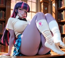 1female 1girl 1girls ai ai_generated anime big_ass big_breasts black_panties curvy curvy_female curvy_figure equestria_girls female female_only foot_fetish foot_focus footwear friendship_is_magic human large_breasts lavnight library looking_at_viewer my_little_pony panties purple_body purple_eyes purple_hair school_uniform seductive seductive_look sitting sitting_on_table skirt smirk solo_focus stockings toes twilight_sparkle_(eg) twilight_sparkle_(mlp)