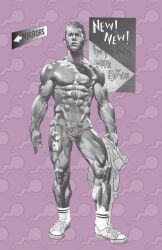 1967 1boy abs bulge converse english_text footwear gay harry_bush male male_only monochrome muscular nipples oiled_skin original pants_removed purple_background simple_background socks solo sperm_cell text thong traditional_media vein veiny_muscles yaoi