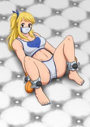 lucy_heartfilia fairy_tail bondage_mittens bondage padded_room padded_cell suichitanaka underwear bra panties blonde_female cuffed_wrists cuffs gag gagged muzzle muzzled muzzle_gag