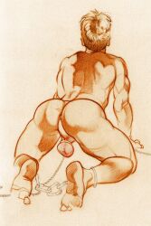 1boy all_fours anus ass balls balls_ring barefoot big_ass blonde_hair chained_ankles chains gay handcuffs harry_bush kneeling light_skin male male_only original solo tan_skin traditional_media yaoi