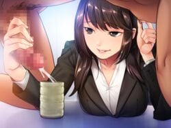 1boy 1girls all_fours black_eyes black_pubic_hair breast_rest breasts brown_hair business_suit censored censored_penis clothed_female_nude_male cum cum_in_container cum_in_cup cup do_s_na_ol_joou_sama drinking_glass ejaculation erection eyebrows eyebrows_visible_through_hair female game_cg handjob highres indoors large_breasts long_hair looking_at_penis looking_to_the_side male_pubic_hair milking_handjob mosaic_censoring nana_g nipple_tweak nude nude_male original parted_lips penis penis_milking pubic_hair sitting smile solo_focus suit