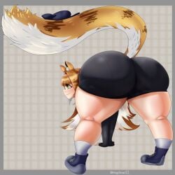 absurd_res alternate_angle ass ass_body ass_focus back_view big_ass blue_shoes booty_shorts bow_on_tail crouched female_with_tail fully_clothed green_eyes hi_res hoyoverse huge_ass ju_fufu ju_fufu_(zenless_zone_zero) omegabean orange_hair shortstack spats squatting tail tiger_ears tiger_stripes tiger_tail two-tone_hair white_highlights zenless_zone_zero