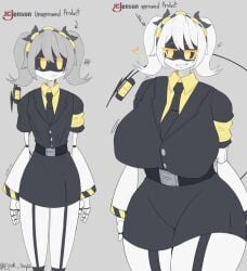 1girls big_boobs big_breasts blush blushing_at_viewer blushing_female business_woman epokguyz female female_focus female_only glitch_productions grey_background j_(murder_drones) murder_drones robot robot_girl robot_humanoid solo solo_female solo_focus tail thick_thighs upgrades yellow_eyes
