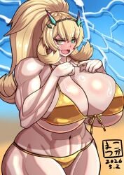 1girls barghest_(gawain)_(fate) big_breasts bikini bikini_bottom bikini_top blonde_hair blush bottomwear breast_focus breasts cleavage fate_(series) female female_only golden_bikini green_eyes hair heterochromia huge_breasts large_breasts tied_hair ponytail muscles muscular muscular_female orange_eyes solo solo_female swimwear thighs topwear yellow_bikini sweatdrop poyozodoll beach dated