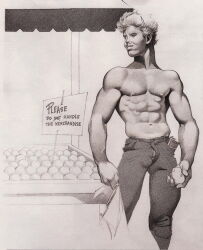 1boy abs apple blonde_hair bulge english_text food gay harry_bush male male_only monochrome muscular nipples original pencil_(object) penis shirtless sign solo tan_skin text tight_pants traditional_media unzipped unzipped_pants visible_penis white_background yaoi