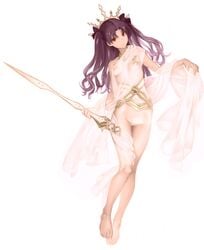 absurdres bangs barefoot collar crown daftbonkers fate/grand_order fate_(series) female full_body highres holding holding_sword holding_weapon ishtar_(fate) jewelry light_smile long_hair looking_at_viewer navel no_panties purple_hair pussy red_eyes see-through simple_background single_bare_shoulder skirt_hold smile solo sword toga two_side_up uncensored weapon white_background