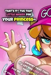 1girls ai_generated big_breasts blonde_hair blue_earrings blue_eyes breasts caption choker cleavage clothed dokidubs earrings edit eyelashes female female_only femdom findom goon goon_caption gooning hand_gesture human human_only light-skinned_female light_skin lipstick mario_(series) nintendo pearl_earrings pink_background pink_lipstick princess_peach pump series:mario simple_background solo solo_female solo_focus sound standing tagme text_on_clothing video voice_acted