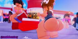 2girls 3d animated big_ass big_breasts boombox bow cnp_(roblox) crowd curvy curvy_figure dark_hair donquiotedd earrings glasses hoop_earrings latex latex_clothing latex_legwear latex_thighhighs multiple_boys multiple_girls naked naked_female pierced_nipples piercing piercings pov public roblox roblox_avatar robloxian school self_upload shorts sound sound_warning stockings tagme tan_body tan_skin thick thick_legs thick_thighs tongue tongue_out twerking video