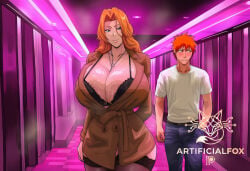 ai_generated artificialfox bleach coat ichigo_kurosaki lingerie love_hotel matsumoto_rangiku rangiku_matsumoto walking