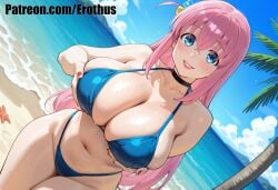 ai_generated erothus gotou_hitori bocchi_the_rock! 1girl breasts swimsuit bikini pink_hair solo blue_eyes navel outdoors long_hair beach smile day looking_at_viewer cleavage choker earrings jewelry tree red_nails bangs breast_lift nail_polish sky blush palm_tree blue_bikini starfish wet highleg huge_breasts ocean collarbone hair_between_eyes blue_sky hair_ornament dutch_angle highleg_bikini