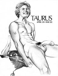 1boy animal april_(month) balls blonde_hair bull gay half-erect harry_bush horns male male_only may_(month) monochrome muscular nipples original penis pubic_hair simple_background solo tattoo taurus taurus_(symbol) traditional_media white_background yaoi zodiac zodiac_sign