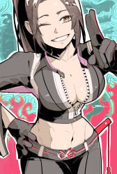 1girl big_breasts black_gloves breast_zipper breasts brown_hair capcom cleavage collarbone commentary_request crop_top fan fatal_fury fatal_fury:_city_of_the_wolves folding_fan gloves hand_fan hand_on_own_hip highres holding holding_fan jinbei0608 jinbei_(jinbei0608) mai_shiranui mai_shiranui_(city_of_the_wolves) midriff navel one_eye_closed orange_hair ponytail salute shiranui_mai smile snk street_fighter street_fighter_6 two-finger_salute wink winking winking_at_viewer