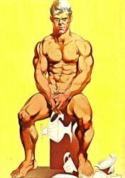 1boy blonde_hair blue_eyes gay harry_bush male male_only muscular nipples no_visible_genitalia nude original pubic_hair simple_background sitting solo tan_skin traditional_media yaoi yellow_background