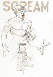 2boys age_difference ass balls closed_eyes cum cum_drip doctor english_text fisting flaccid gay grin harry_bush lowres male male_only monochrome muscular nipples original patient penis pleasure_face pubic_hair simple_background text traditional_media white_background yaoi