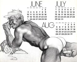1979 1boy ass august_(month) balls big_ass blonde_hair calendar_(medium) drummer_(gay_magazine) erection gay happy harry_bush july_(month) june_(month) male male_only monochrome muscular nipples original penis simple_background solo sunscreen tan_skin tanline traditional_media visor white_background yaoi