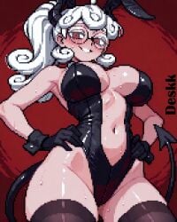 ai_generated big_breasts black_clothing breasts demon_tail deskk female female_focus helltaker hi_res high_resolution horns tail white_hair red_eyes artist_name pixel_art pandemonica_(helltaker) bunnysuit bunny_ears latex navel stockings red_background
