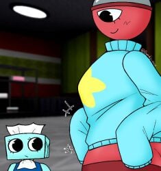 dandy's_world tisha_(dandy's_world) gigi_(dandy's_world) 2girls female female_only object_head blue_body blue_skin red_body red_skin smiley_face smile nude nude_female voluptuous_female voluptuous 2026 simple_background gundy_owo anthro medium_breasts breasts