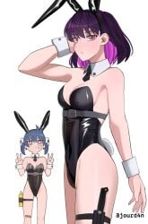 2girls multiple_girls multiple_females duo female_only female female_focus short_hair armpits elbows collarbone shoulders fingers fingernails cleavage small_breasts medium_breasts breasts midriff belly navel belly_button thighs groin slim_waist slim_female narrow_waist slender_waist slender_body lean_figure white_background simple_background upper_body highres high_resolution standing hair_between_eyes looking_at_viewer digital digital_media digital_art digital_drawing digital_media_(artwork) digital_drawing_(artwork) 2d 2d_(artwork) 2d_artwork drawing medium_hair pink_hair pink-haired_female pink_hair_female black_hair black-haired_female multicolored_hair red_eyes red-eyed_female pink_eyes pink-eyed_female white_pupils hand_behind_head arm_behind_head posing posing_for_the_viewer bunnygirl bunnygirl_outfit bunny_tail bunnysuit leotard topwear bunny_ears black_bunnysuit black_leotard black_topwear black_bunny_ears black_hairband collar white_collar wrist_cuffs white_wrist_cuffs necktie black_necktie thighband jourd4n sign v v_sign peace_sign double_peace_sign double_v_sign ok_sign small_boobs small_tits tiny_breasts average_breasts inframammary_fold original_artwork original_art original oc original_character original_characters ji-yoon_(jourd4n) minori_(jourd4n) inguinal_crease inguinal_ligament mons_pubis bare_skin bare_shoulders bare_chest bare_arms bare_armpits bare_hands bare_hips bare_thighs bare_legs exposed_skin exposed_shoulders exposed_chest exposed_arms exposed_armpits exposed_hips exposed_thighs exposed_legs emotionless blank_eyes blank_stare blank_expression neutral_expression bored bored_expression pierced_ear ear_piercing pierced_ears ear_piercings earrings twintails twintails_(hairstyle) hair_ornament hair_ornaments thigh_gap chibi