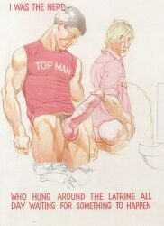 2boys ass balls big_ass black_hair blonde_hair english_text erection gay harry_bush light_skin looking_back male male_only muscular original pants_down penis pink_shirt pissing pubic_hair red_tank_top rolled_up_sleeves simple_background tan_skin tank_top tanline text text_on_clothing text_on_tank_top traditional_media urinal urine white_background yaoi