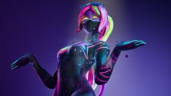 3d 3d_(artwork) bradtheastroman breasts cosmic_being female fortnite galaxia_(fortnite) galaxy glasses glasses_on_head glowing_eyes hands_up long_hair mask multicolored_hair purple_body shrugging slim_waist small_breasts tagme tied_hair voluptuous wide_hips yellow_eyes