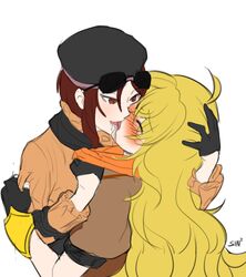 2girls blush brown_eyes brown_hair closed_eyes coco_adel eyewear_on_head french_kiss hand_on_head hat kissing long_hair multiple_girls rwby short_hair sinccubi sunglasses sunglasses_on_head very_long_hair yang_xiao_long yuri