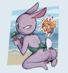 anonpupb anthro anus backsack balls beach beverage blood bodily_fluids bottomwear butt canid canine clothing coconut coconut_drink digital_media_(artwork) drupe_(fruit) duo feet fingers flaccid food fox fruit fur genitals hi_res holding_coconut holding_object lagomorph leporid looking_at_viewer male male/male mammal nosebleed open_mouth outside penis plant rabbit sand seaside sweat sweatdrop swimwear tail
