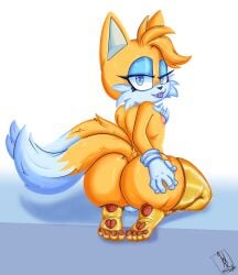 2_tails anthro areola backsack balls big_butt bite biting_lip butt canid canine clothing digital_drawing_(artwork) digital_media_(artwork) eyelashes eyeshadow femboy fox genitals gloves gold_(metal) gold_legwear handwear hi_res legwear lipstick makeup male mammal miles_prower multi_tail nipples rear_view seductive sega solo sonic_(series) sonic_the_hedgehog_(comics) sonic_the_hedgehog_(series) tail tails_the_fox w-ry_(artist)