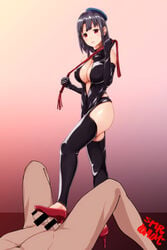 10s 1boy 1girls black_hair breasts censored cleavage clothed_female_nude_male dominatrix elbow_gloves female femdom hat kantai_collection light-skinned_female light-skinned_male light_skin looking_down lying male muscle navel nude penis red_eyes shoejob shoes short_hair simple_background spread_legs standing straight tadokoro_nurikabe takao_(kantai_collection) thighhighs whip