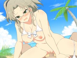 1boy beach blush breasts censored female glasses green_eyes imu_(senran_kagura) navel nipples open_mouth pleasure_face pussy senran_kagura sex short_hair tagme vaginal_penetration yaomai