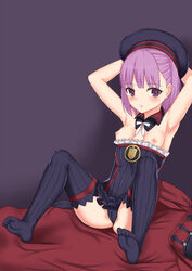 armpits arms_up black_panties blush breasts breasts_out fate/grand_order fate_(series) feet female hat helena_blavatsky_(fate) looking_at_viewer medium_hair nipples panties purple_eyes purple_hair purple_legwear small_breasts strapless_dress toes